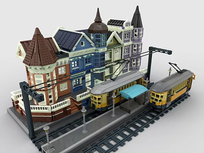 Creative Building Blocks Town Model with Colorful Houses Tram Station and Rail Tracks 3d model