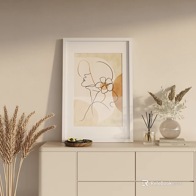 Modern Decorative Cabinet On Beige Wall With Wheat Stalks Artwork Dried Plants Diffuser And Books 3d model 