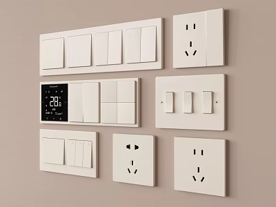 Modern White Wall Mounted Switch Panels With Thermostat And Sockets 3d model