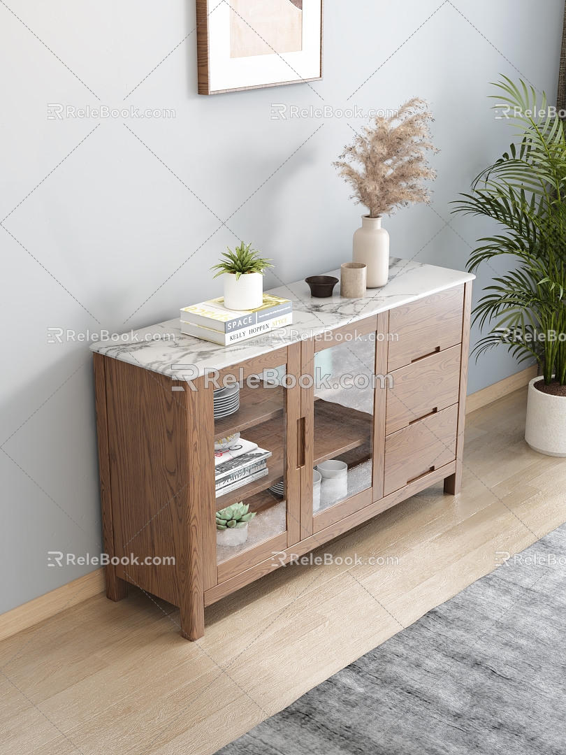 Rock Board Solid Wood Sideboard Cabinet Bucket Cabinet Storage Cabinet Jewelry Hanging Painting Chandelier Green Plant Carpet Solid Wood Floor model