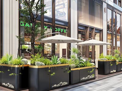 Modern Garden Landscape With Green Plants Planters And Umbrellas By Building Facade 3d model