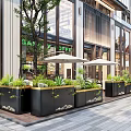 Modern Garden Landscape With Green Plants Planters And Umbrellas By Building Facade