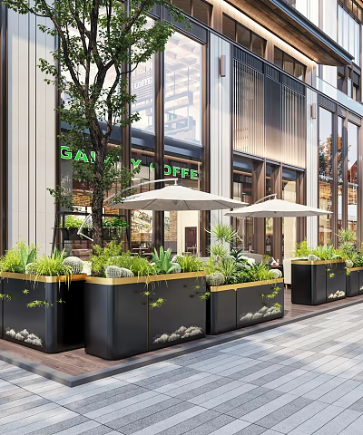 Modern Garden Landscape With Green Plants Planters And Umbrellas By Building Facade 3d model