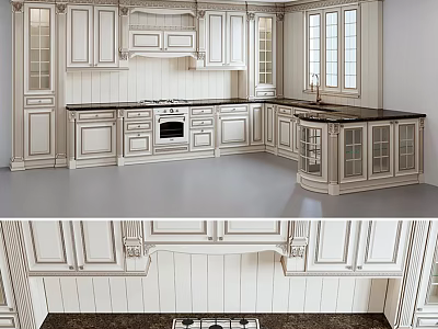 Classic White Kitchen Cabinets With Carved Details Black Countertop And Natural Light 3d model