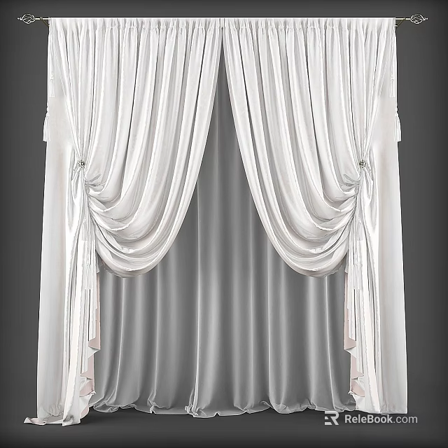 Elegant White Pleated Curtains With Sheer Lining And Decorative Tiebacks 3d model