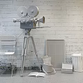 Vintage Film Projector Setup With Tripod White Chair And Happy Chalkboard