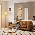 Modern Brown Leather Sofa and Coffee Table Set With Pillows Throw Blanket and Decorative Painting