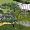 Modern Garden Landscape Design With Geometric Building Green Trees Stone Paths And Water Features