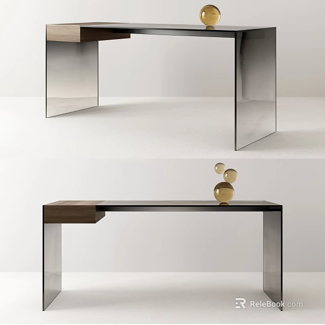 Modern Minimalist Desk With Wooden Top And Metal Frame Featuring Golden Spherical Decor 3d model 