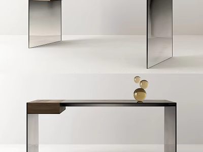 Modern Minimalist Desk With Wooden Top And Metal Frame Featuring Golden Spherical Decor 3d model