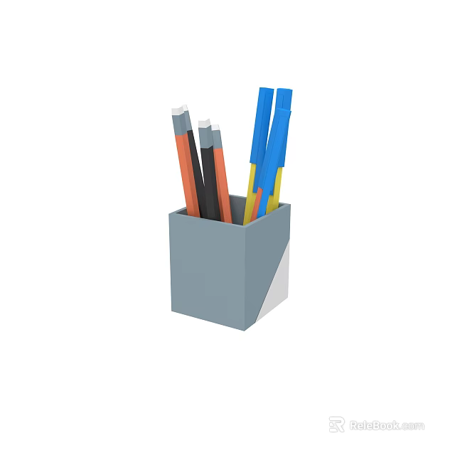 Gray Pen Holder With Colorful Pens Including Blue Orange And Gray 3d model 