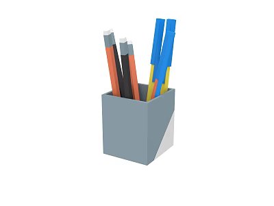 Gray Pen Holder With Colorful Pens Including Blue Orange And Gray 3d model