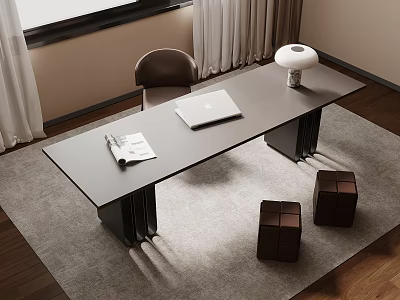 Modern Desk With Laptop Magazine Table Lamp Chair And Stools On Rug 3d model