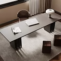 Modern Desk With Laptop Magazine Table Lamp Chair And Stools On Rug