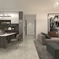 Modern Living And Dining Room Interior With Gray Sofa Chandelier Artwork And TV Wall