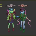 Green Haired Game Movie Characters in Navy Blue Uniforms with Hats and Halo Spiral Objects