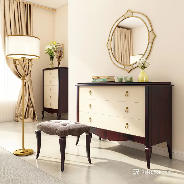 Classic Wooden Vanity With White Drawers Gold Handles Round Mirror Floor Lamp And Stool 3d model 