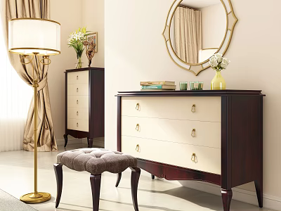 Classic Wooden Vanity With White Drawers Gold Handles Round Mirror Floor Lamp And Stool 3d model