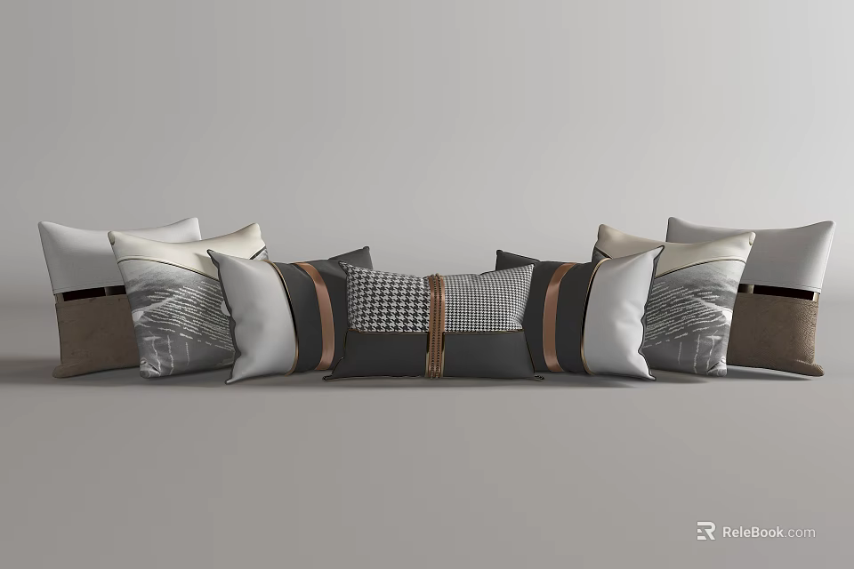 Modern Decorative Pillows With Gray White Brown Striped Checkered Patterns For Sofa Couch 3d model