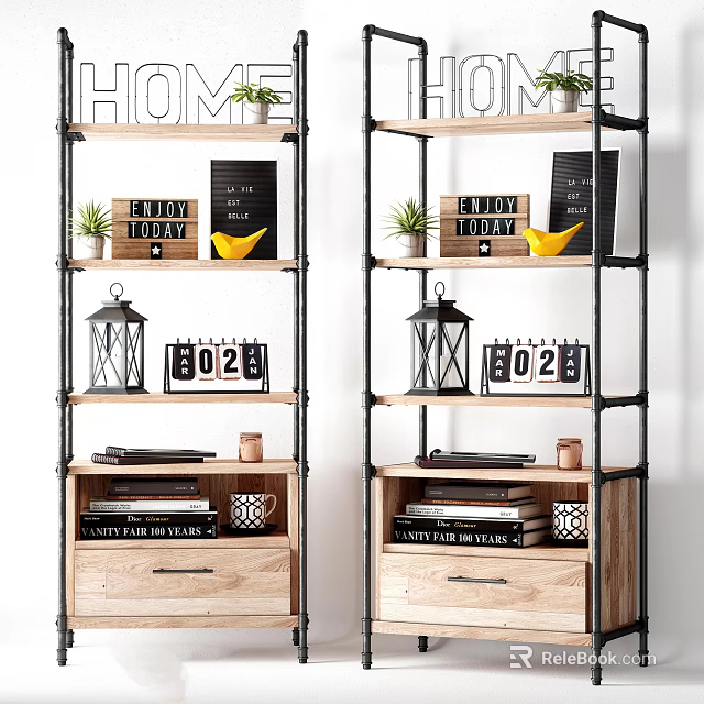 Industrial Wooden Metal Shelving Unit with Multiple Shelves Bottom Drawers Decorative Plants Books Lantern Calendar 3d model 