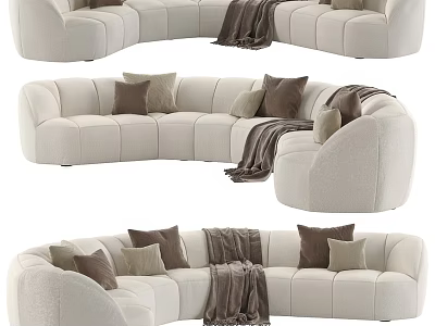 Cozy Cream Colored Curved Sectional Sofa With Plush Cushions And Throw Blanket 3d model
