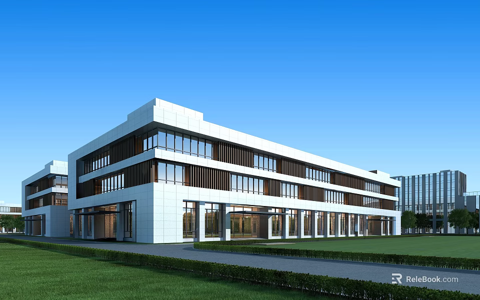 Modern Multi Story Office Building Exterior With Large Glass Windows White Facade And Green Lawn 3d model 