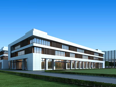 Modern Multi Story Office Building Exterior With Large Glass Windows White Facade And Green Lawn 3d model