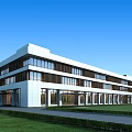 Modern Multi Story Office Building Exterior With Large Glass Windows White Facade And Green Lawn