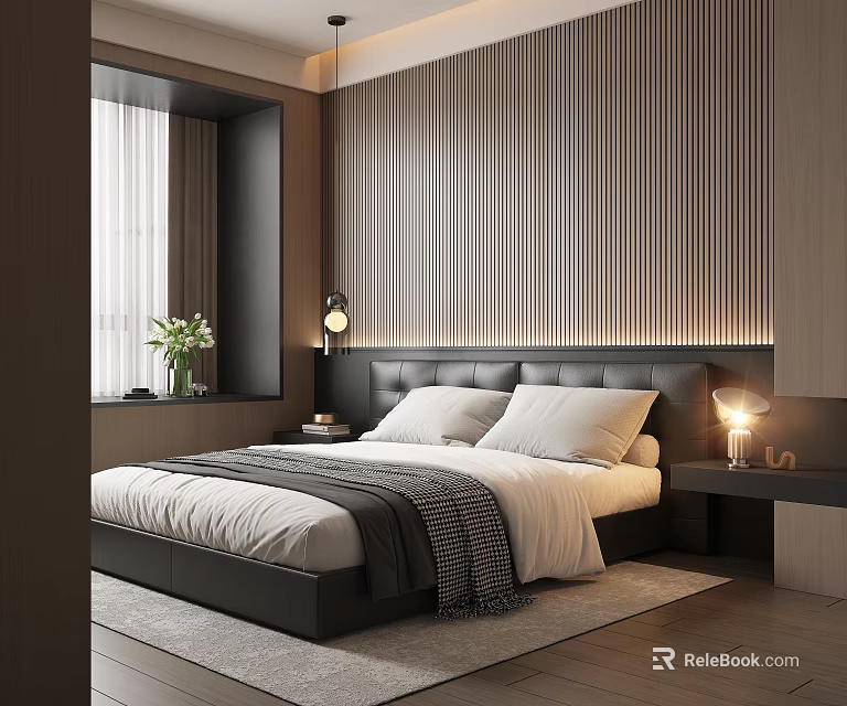 Bedroom Interior Design With Wooden Striped Wall Black Leather Headboard And Gray Blanket 3d model 