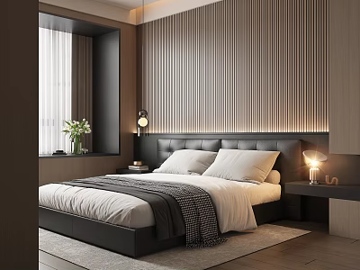 Bedroom Interior Design With Wooden Striped Wall Black Leather Headboard And Gray Blanket 3d model