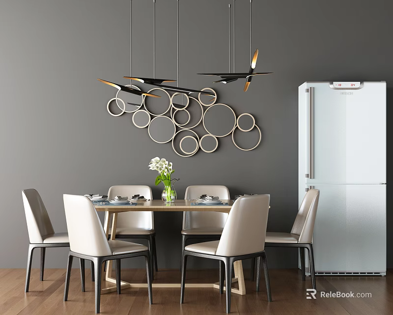 Modern Dining Table Set With Beige Chairs Circular Wall Decor And Pendant Lights 3d model
