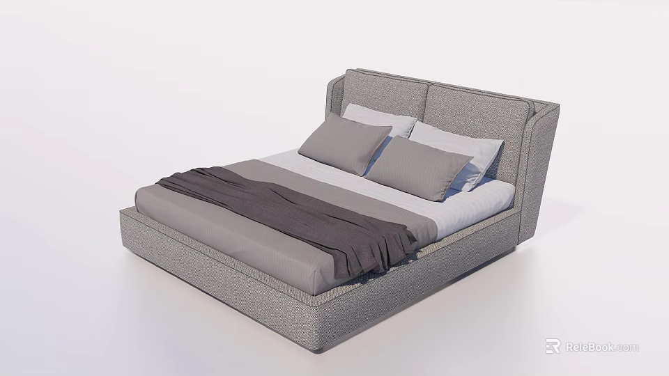 Modern Gray Fabric Double Bed With Two Pillows And Gray Blanket 3d model
