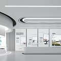 Modern Exhibition Hall Interior Design With Glass Display Counter World Map Screen And Ceiling Lighting