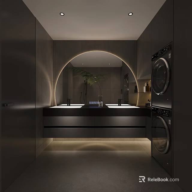 Sleek Modern Bathroom Interior With Circular Mirror Double Sink Vanity And Led Lighting 3d model 