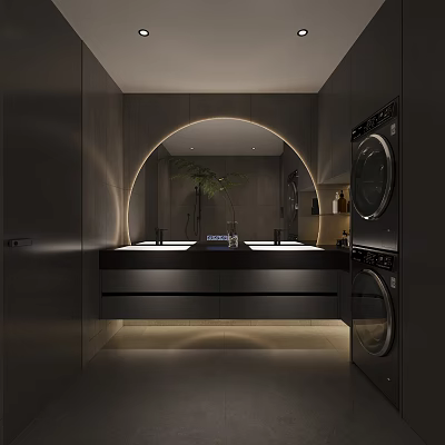 Sleek Modern Bathroom Interior With Circular Mirror Double Sink Vanity And Led Lighting 3d model