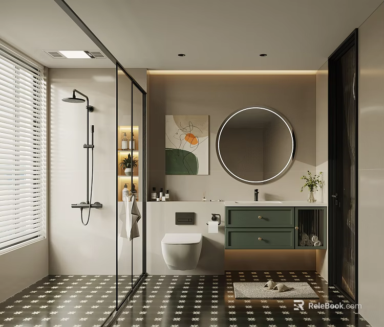 Modern Bathroom Interior Design With Round Mirror Green Cabinet And Glass Shower Partition 3d model 