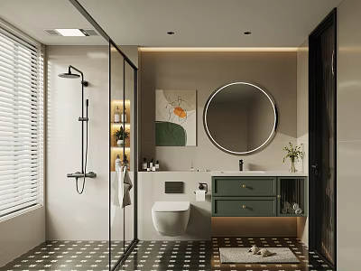 Modern Bathroom Interior Design With Round Mirror Green Cabinet And Glass Shower Partition 3d model