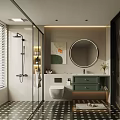 Modern Bathroom Interior Design With Round Mirror Green Cabinet And Glass Shower Partition