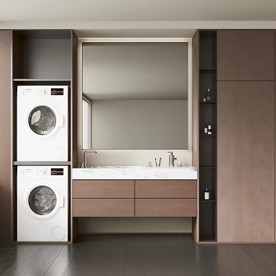 Bathroom Vanity with Marble Countertop Large Mirror Wooden Cabinets and Two White Washing Machines 3d model