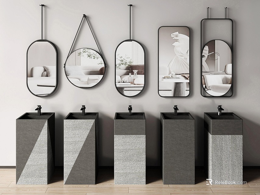 Modern Bathroom Washbasins With Various Shaped Mirrors And Textured Designs 3d model 