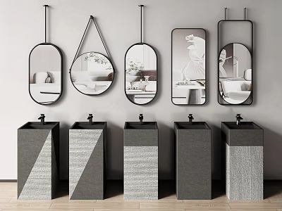 Modern Bathroom Washbasins With Various Shaped Mirrors And Textured Designs 3d model
