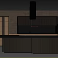 Modern Dark Kitchen Interior With Central Island And Wooden Glass Door Cabinets