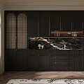 Elegant Black Kitchen Interior With Arched Cabinets Marble Countertop Wine Rack And Patterned Floor 3d model