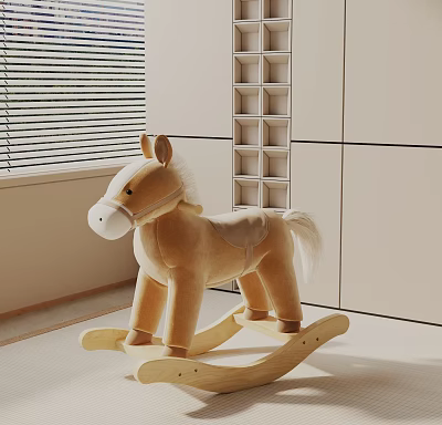 Plush Beige Rocking Horse With Wooden Base In Modern Room Decor 3d model