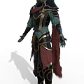 Game Movie Character In Teal And Gold Armor With Black Accents And Red Cloak