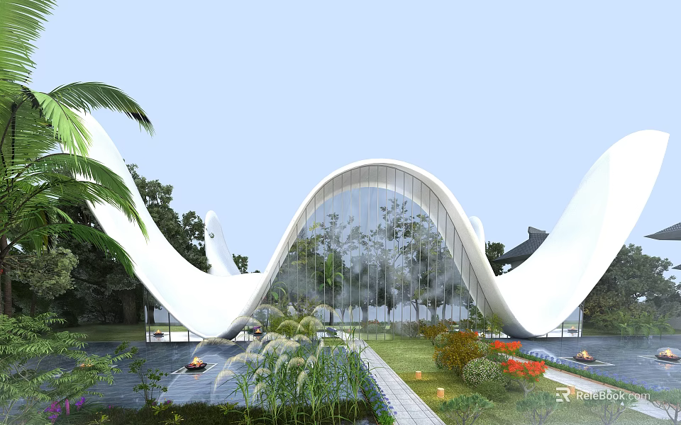 Modern White Wave Shaped Museum Building With Glass Facade And Lush Garden Greenery Trees 3d model 