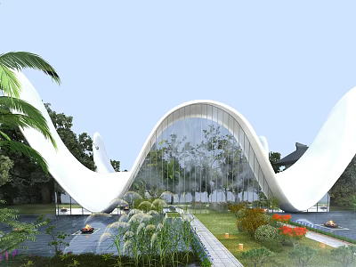Modern White Wave Shaped Museum Building With Glass Facade And Lush Garden Greenery Trees 3d model