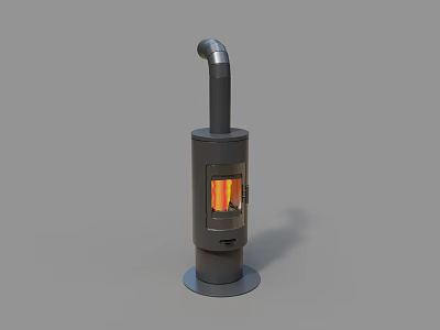 Black Wood Stove With Curved Chimney Glass Door And Orange Flames 3d model