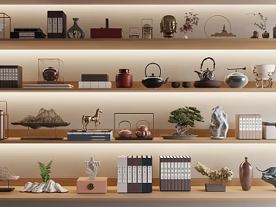 Decorative Ornaments Set With Books Vases Teapots Small Sculptures And Potted Plants On Wooden Shelves 3d model