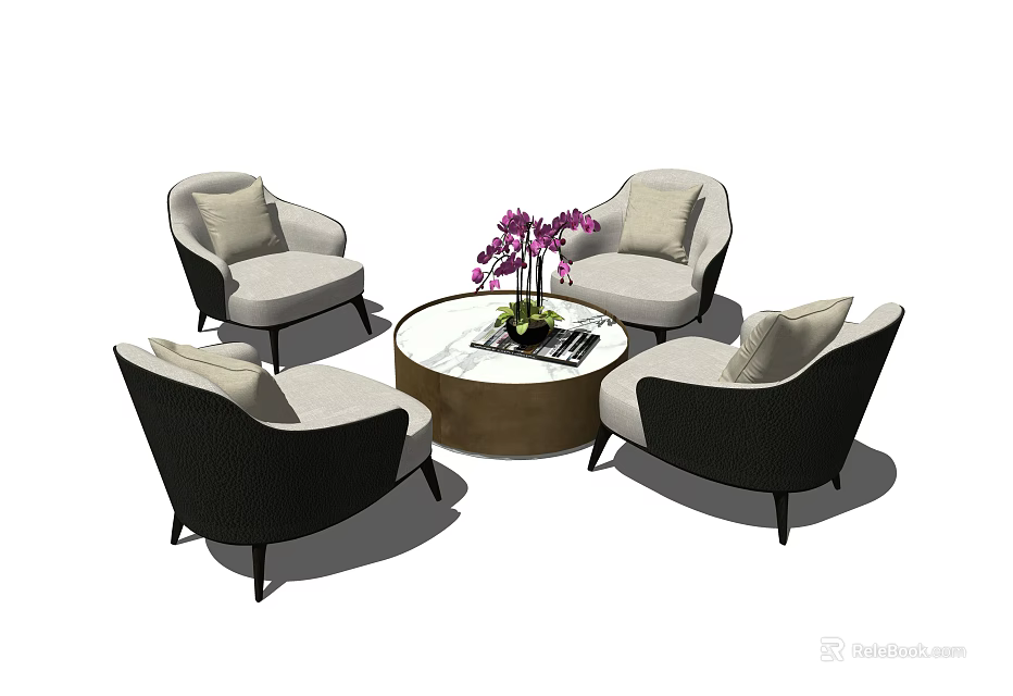 Leisure Sofa Set With Four Single Armchairs Round Coffee Table And Purple Orchid Decor 3d model 